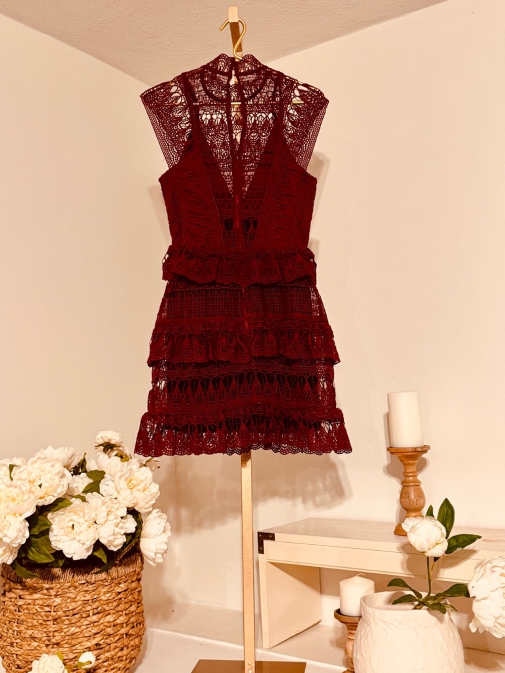 Self-Portrait Burgundy Lace Tiered Mini Dress - Picture 5 of 9